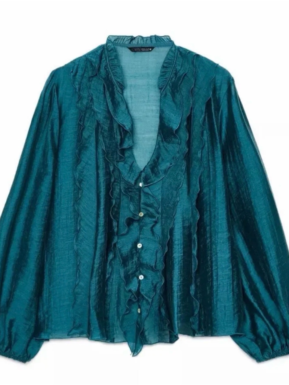 Zara Teal Ruffle-Front Satin Blouse